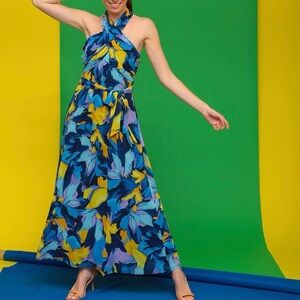 London Times Blue and Yellow Halter Sundress Maxi